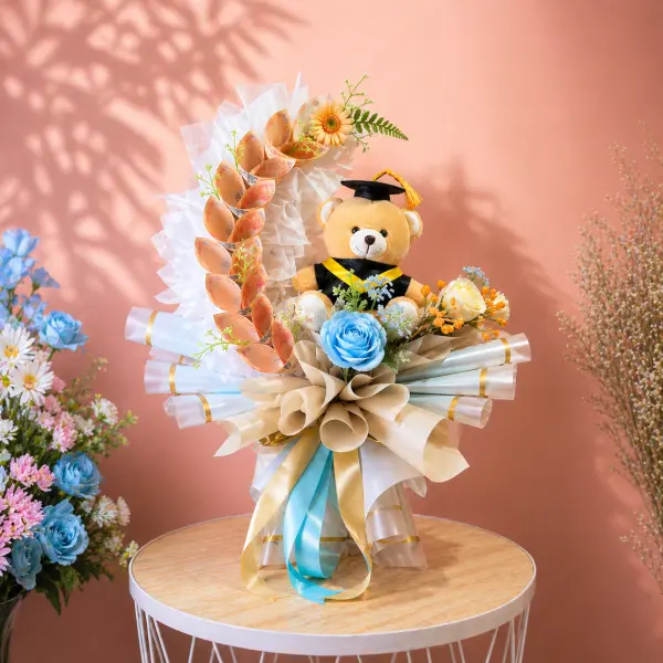 Buket Money Flower Biru Graduation