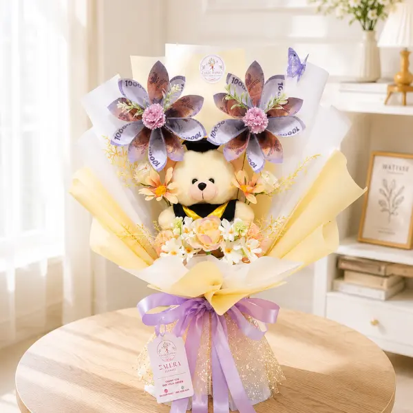 Buket Boneka Wisuda Yellow Purple